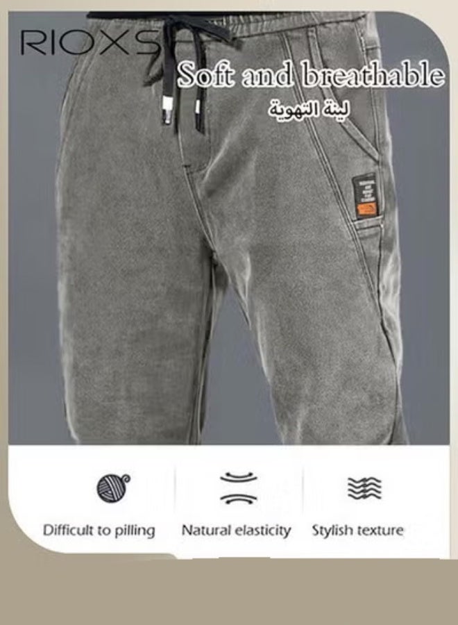 RIOXS Men's Denim Pants, Slim Fit Jeans With Tight Legs For Men, Casual Long Pants, Elastic Waist Jeans, Drawstring Denim Pants With 4 Pockets, Comfy Mid-Rise Trousers For Daily Wear Or Outdoor Activities, Stylish Jeans For Daddy Family Friends - Image 3